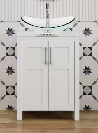 Puluomis 24 in. W x 18.1 in. D x 31.7 in. H Single Sink White Bath Vanity with White Solid Surface Top Transparent Sink