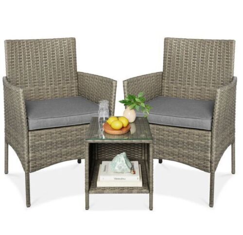 3-Piece Outdoor Patio Wicker Bistro Set w/ Side Storage Table