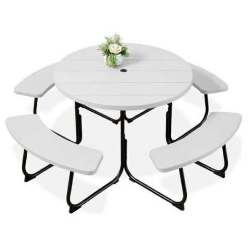 8-Person Circular Picnic Table w/ Umbrella Hole, 4 Benches