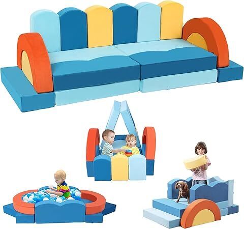 Modular Kids Play Couch for Toddler - Kids Sofa Bed for Playroom, Convertible Furniture Ocean Theme Modular Sofa Building Fort for Inspiring Creativity