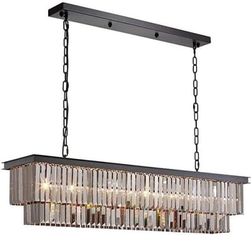 8-Light Modern Rectangular Crystal Chandeliers for Dining Room Contemporary Linear Pendant Lights Kitchen Island Bar, Smoky Gray L47.2''