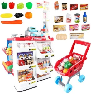 32-Piece Cash Supermarket Playset with Working Scanner, Register, Shopping Cart, Play Money, and Accessories. NEW