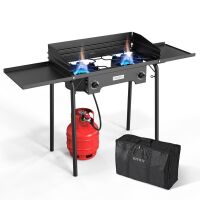 ROVSUN 2-Burner 150,000 BTU Windproof Camping Propane Stove with Side Shelves & Bag