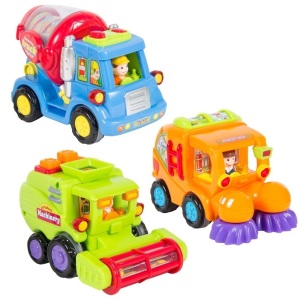 Set of 3 Kids Push-and-Go Friction Powered Car Toys w/ Street Sweeper, Cement Truck, Harvest Truck