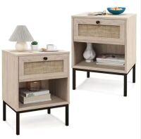 Gymax Oak 1 Drawer Rattan Nightstand Boho End Table with Open Shelf, 2 Pack