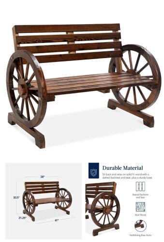 2-Person Rustic Wooden Wagon Wheel Bench w/ Slatted Seat and Backrest