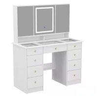 FUFU&GAGA White Makeup Vanity Desk 9 Drawers Wood Dressing Table With 3 Mirrors, Glass Top, Hidden Storage Shelves, LED Lighted