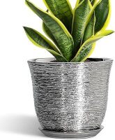Ceramic Pots for Plants - 8 Inch Plant Pot with Drainage Hole and Saucer, Round Planters for Indoor Outdoor, Modern Planter, Decorative Flower Pots, Home Decor, House Warming Gifts, Silver