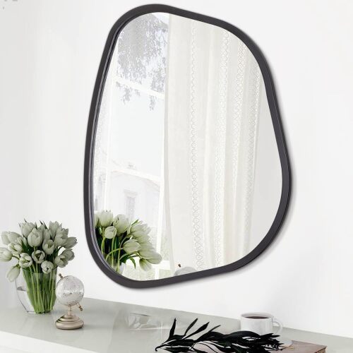 Black Asymmetrical Mirror Irregular Oval Wall Mirror Modern Wood Frame Unique Shape Wall Mounted Vanity Artistic Mirror Decorative for Living Room Bedroom Bathroom Entryway Hallway