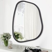 Black Asymmetrical Mirror Irregular Oval Wall Mirror Modern Wood Frame Unique Shape Wall Mounted Vanity Artistic Mirror Decorative for Living Room Bedroom Bathroom Entryway Hallway