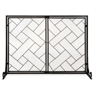 2-Panel Wrought Iron Geometric Fireplace Screen w/ Magnetic Doors, 44x33in