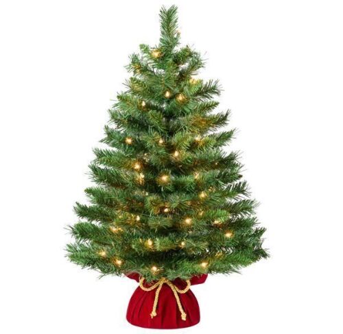 36" Pre-Lit Tabletop Christmas Tree w/ Red Velvet Cover & Gold Cord