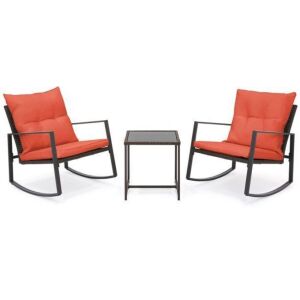 3-Piece Patio Wicker Bistro Furniture Set w/ 2 Rocking Chairs, Glass Side Table, Cushions