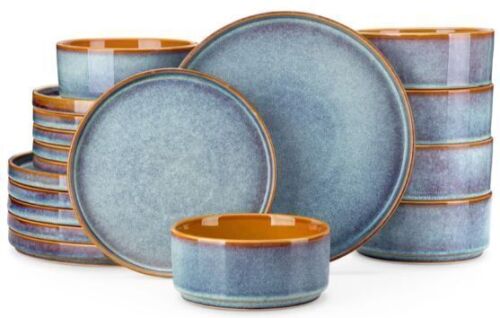 vancasso ONION Ceramic Plates and Bowls Sets, 18 Pieces Blue Dinnerware Sets for Kitchen, Reactive Glaze Dishes Set for 6, Dishwasher and Microwave Safe