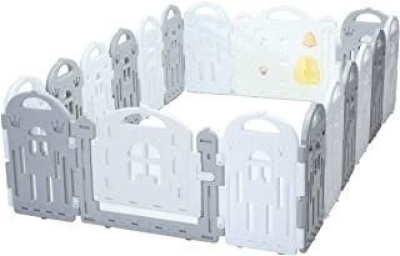 Gray and White Plastic Castle Playpen, 16 Panels & 2 Gates, Uknown Size - Appears New 