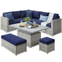 6-Piece Wicker Outdoor Patio Conversation Furniture Set w/ Height-Adjustable Dining Table - NO Table Top