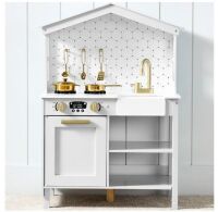 Pretend Play Wooden Farmhouse Kitchen Set w/ Storage, 5 Accessories