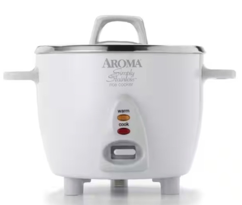 Aroma Simply 6-Cup Stainless Steel White Rice Cooker with Measuring Cup and Serving Spatula