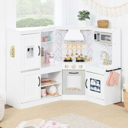 Pretend Play Corner Kitchen Wooden Toy Set for Kids w/ Lights, Sounds