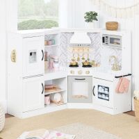 Pretend Play Corner Kitchen Wooden Toy Set for Kids w/ Lights, Sounds