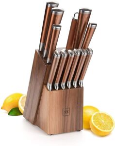 Premium 13 pc Stainless Steel Copper Knife Set with Walnut Knife Block