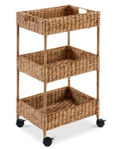 3-Tier Water Hyacinth Rolling Utility Cart w/ Weaved Baskets