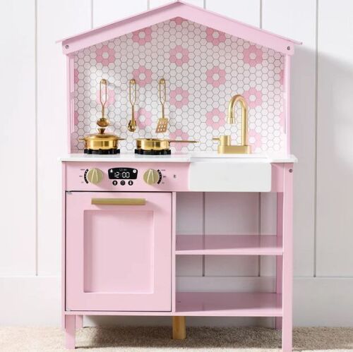 Pretend Play Wooden Farmhouse Kitchen Set w/ Storage, 5 Accessories