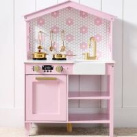 Pretend Play Wooden Farmhouse Kitchen Set w/ Storage, 5 Accessories