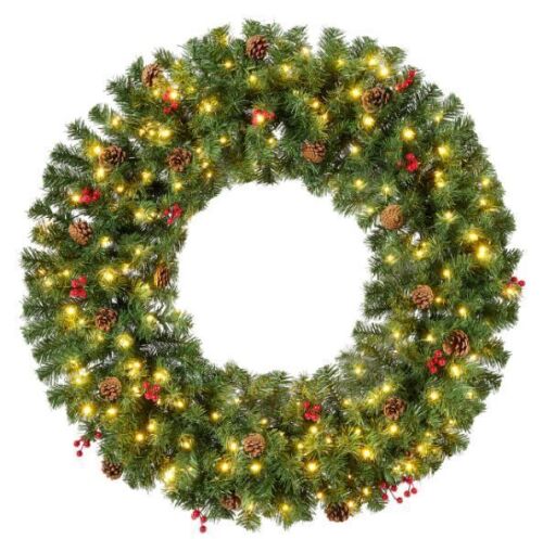 60" Pre-Lit Artificial Christmas Wreath w/Berries & Pinecones, Lights