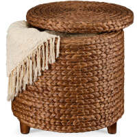 17" Round Storage Ottoman with Lid, Handwoven Water Hyacinth Footstool