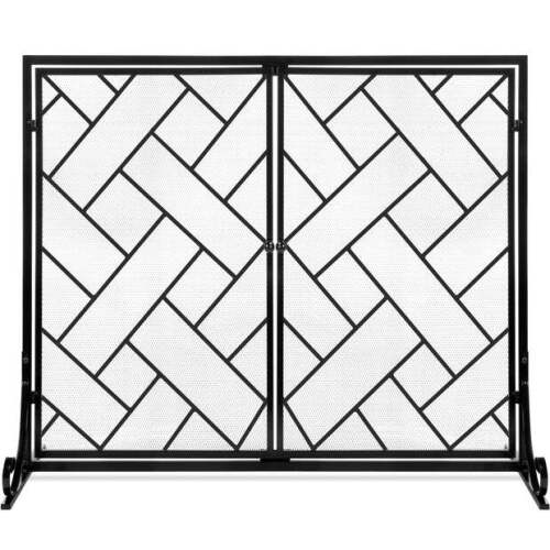 2-Panel Wrought Iron Geometric Fireplace Screen w/ Magnetic Doors - 44x33in