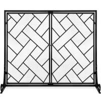 2-Panel Wrought Iron Geometric Fireplace Screen w/ Magnetic Doors - 44x33in