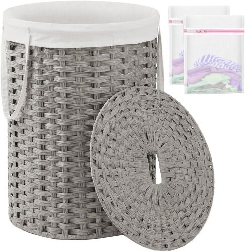 Round Rattan Laundry Basket with Lid and Handles 29.1 Gal