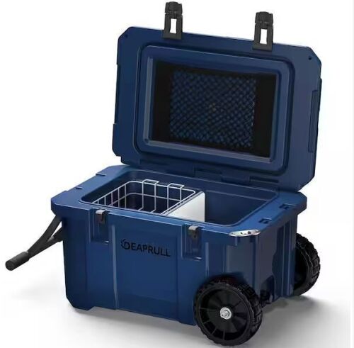 27.in. 55-Quart Cooler with Wheels, Warming Drawer, Leak-Proof Outdoor Insulated Cooler with Handle, Cup Holders, Blue