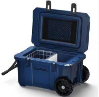 27.in. 55-Quart Cooler with Wheels, Warming Drawer, Leak-Proof Outdoor Insulated Cooler with Handle, Cup Holders, Blue