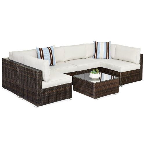 7-Piece Modular Wicker Sectional Conversation Set w/ 2 Pillows, Cover