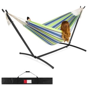 2-Person Brazilian-Style Cotton Double Hammock Bed w/ Carrying Bag, Steel Stand