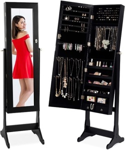 Standing Mirror Armoire, Lockable Jewelry Storage Organizer Cabinet w/ Velvet Interior, 3 Angle Adjustments 