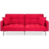 Convertible Linen Fabric Tufted Splitback Futon Couch&nbsp;w/ Pillows&nbsp;