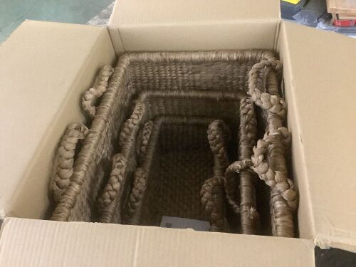 3Pc Shelf Baskets, Small, Large & XL Chunky Woven Baskets w/ Braided Handles - Handle Broken on 1 Basket