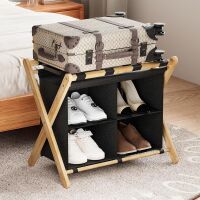 Folding Suitcase Stand with Fabric Storage Shelf