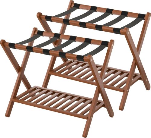 Luggage Racks Set Of 2 Suitcase Stand Foldable With Storage Shelf For Guest Room Hotel Essentials Solid Bamboo Heavy-Duty Item Holder