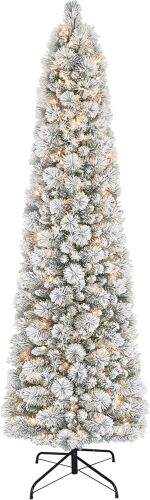 Pre-Lit Flocked Portland Pine Pencil Christmas Tree with 300 Clear Lights, 410 Realistic Dense Snow Flocked Branch Tips, Easy Setup Artificial Trees with Sturdy Metal Stand