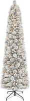 Pre-Lit Flocked Portland Pine Pencil Christmas Tree with 300 Clear Lights, 410 Realistic Dense Snow Flocked Branch Tips, Easy Setup Artificial Trees with Sturdy Metal Stand