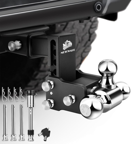 METOWARE Adjustable Trailer Hitch with 4-Inch Drop/Rise (14,000 LBS GTW), Tri-Ball (1-7/8'', 2'', 2-5/16''), Fits 2-Inch Receiver