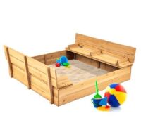 Kids Cedar Sandbox w/ Sand Screen, 2 Benches - 47x47in