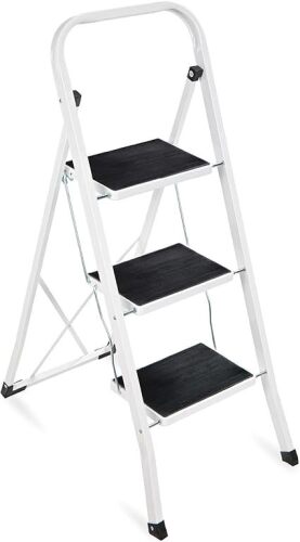 3 Step Ladder Folding Sturdy Lightweight Portable Step Stool for Kitchen, Bedroom, Home w/Non-Slip Rubber Feet, Padded Platforms Pads, 330lb Capacity - White