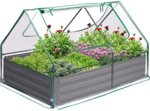 Quictent 4×3×1 Ft Extra-Thick Galvanized Steel Raised Garden Bed Planter Kit Box with Greenhouse 2 Large Zipper Windows