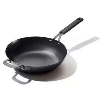 OXO Obsidian 12 in. Pre-Seasoned Carbon Steel Induction Safe Wok with Silicone Sleeve and Helper Handle in Black