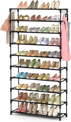 LANTEFUL 10 Tiers Shoe Rack Large Capacity Tall Shoe Organizer Sturdy Shoe Storage with Two Hooks Space Saving Metal Wide Shoe Rack for Closet, Entryway, Bedroom